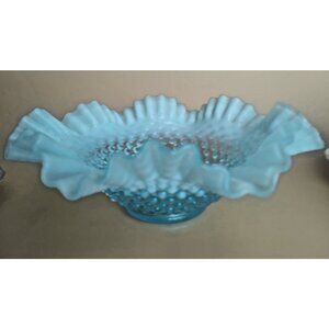 Vintage Large Fenton Blue Opalescent Hobnail Art Glass Bowl 10" wide x 4" tall